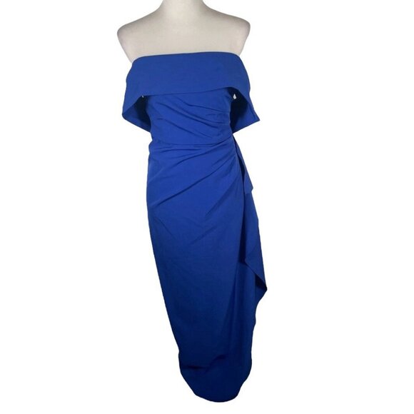 Vince Camuto Gown Maxi Dress Womens Sz 2 Blue Crepe Side Ruched Off The Shoulder - Picture 1 of 16